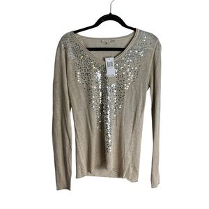 Joan Vass Tan Sequin Long Sleeve Blouse